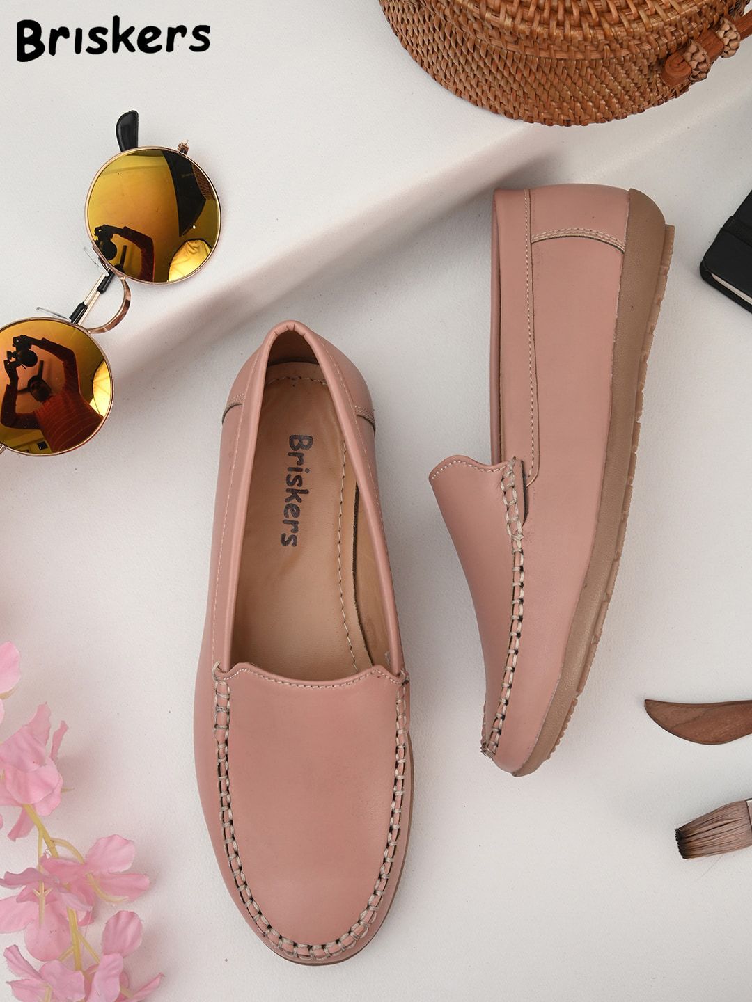 BRISKERS Women Pink Textured Leather Slip-On Loafers Price in India