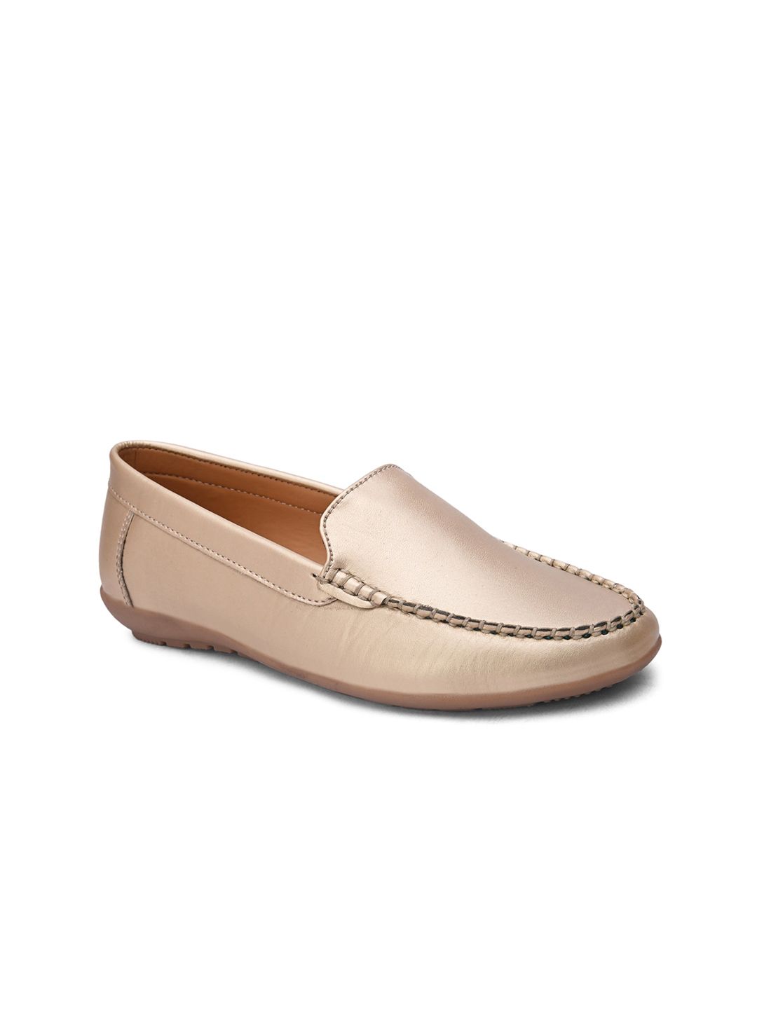 BRISKERS Women Gold-Toned Solid Leather Loafers Price in India