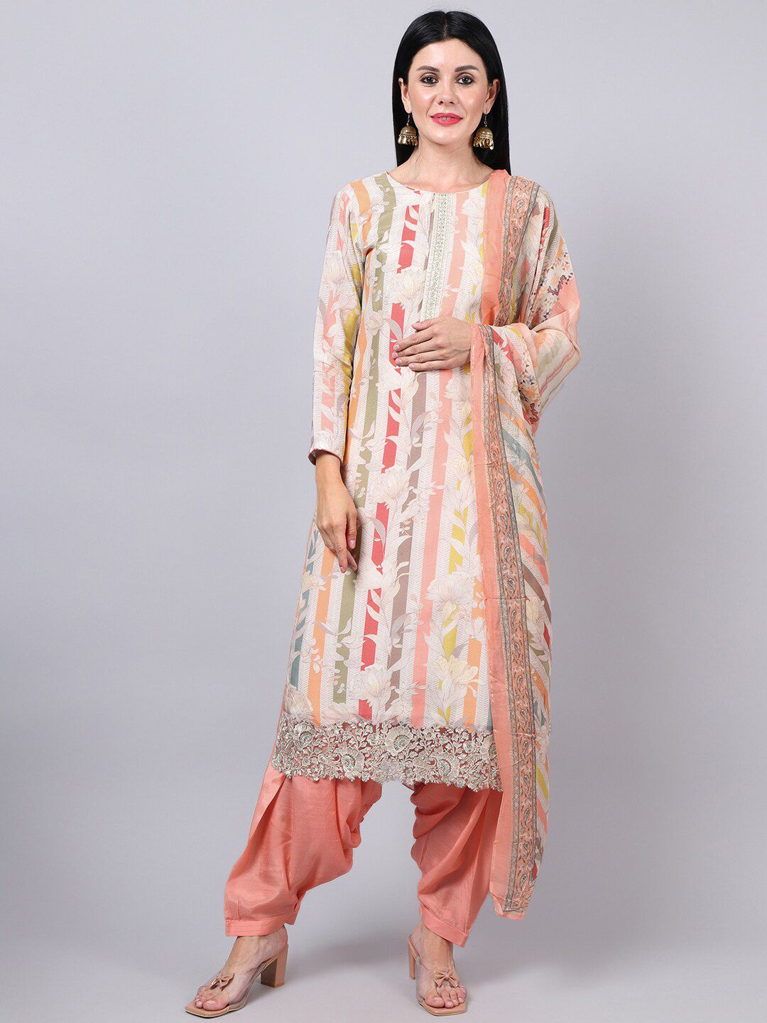 Stylee LIFESTYLE Off White & Yellow Embroidered Pure Silk Unstitched Dress Material Price in India