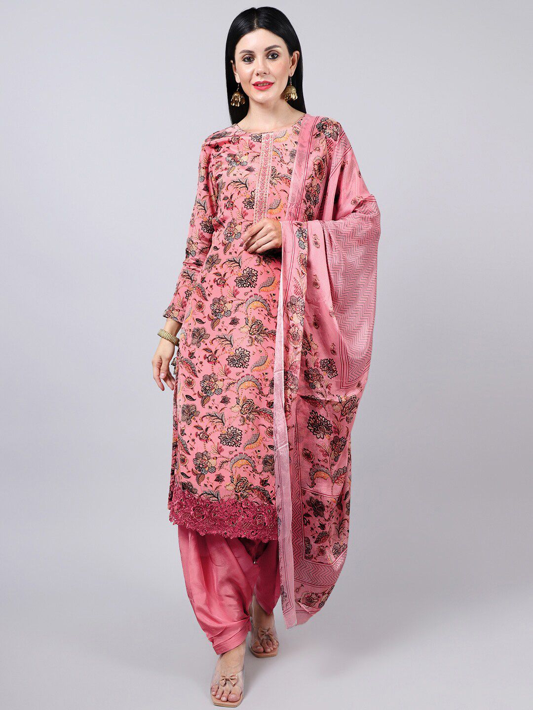 Stylee LIFESTYLE Pink & Black Embroidered Silk Crepe Unstitched Dress Material Price in India