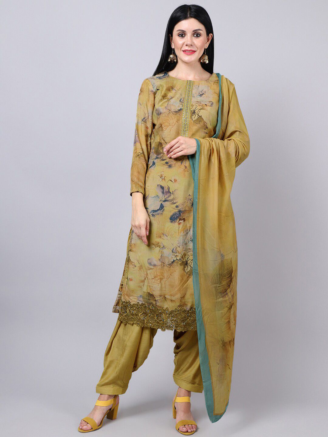 Stylee LIFESTYLE Gold-Toned & Green Embroidered Pure Silk Unstitched Dress Material Price in India