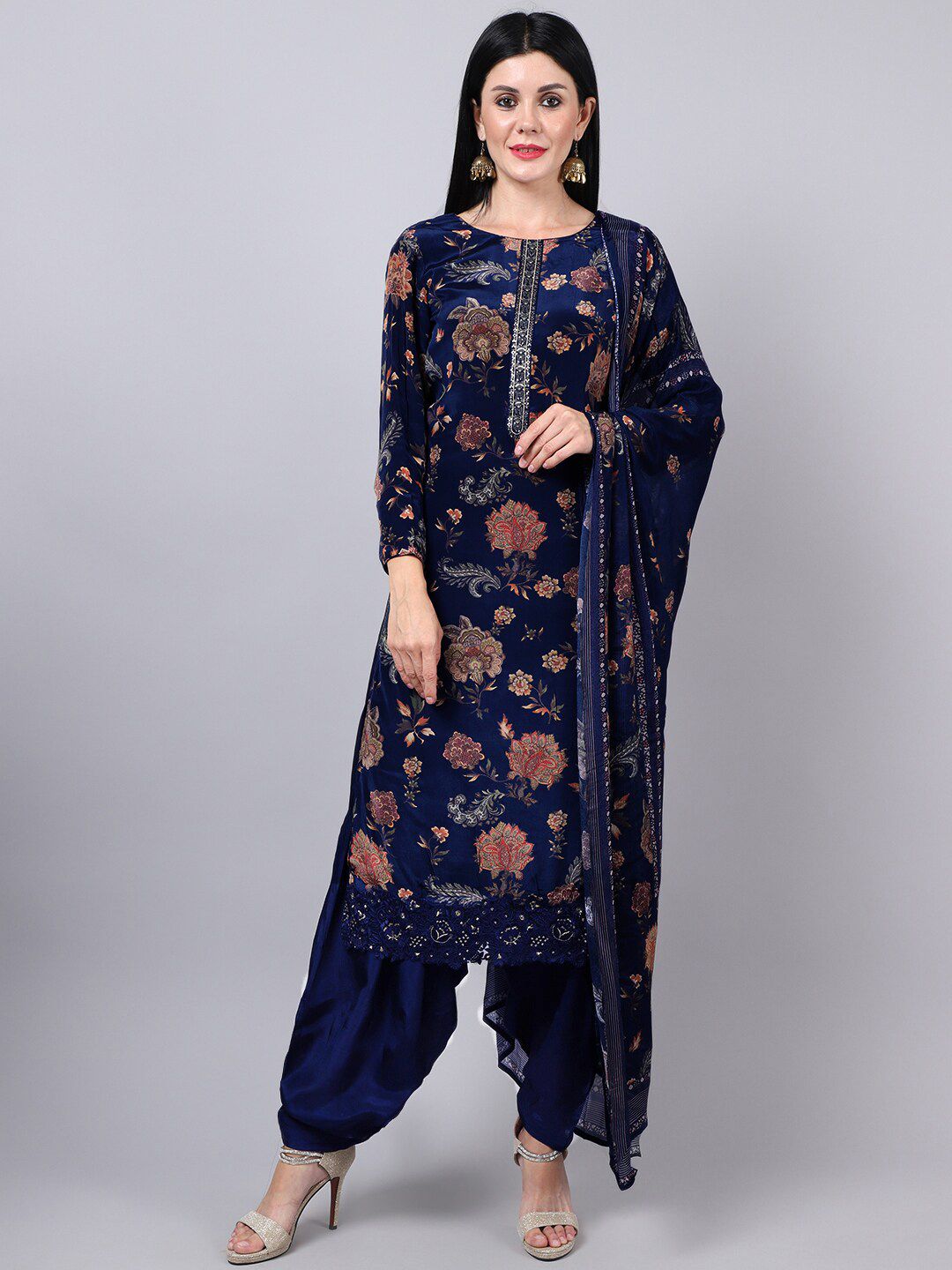 Stylee LIFESTYLE Navy Blue Printed Silk Crepe Unstitched Dress Material Price in India