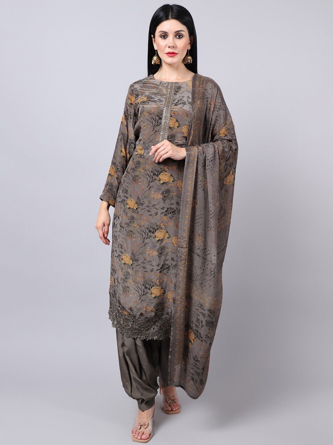 Stylee LIFESTYLE Grey & Brown Embroidered Silk Crepe Unstitched Dress Material Price in India