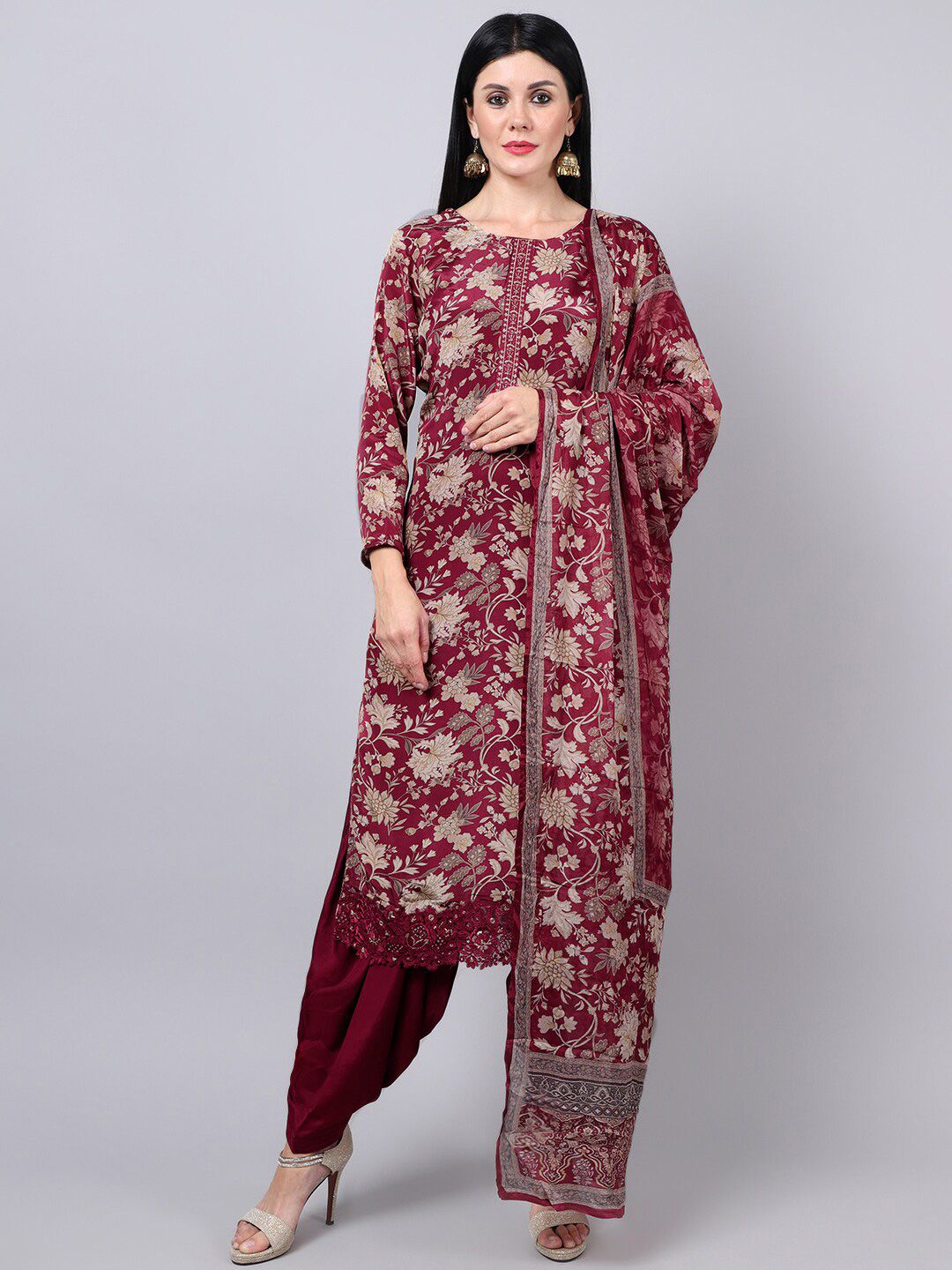 Stylee LIFESTYLE Magenta & Cream-Coloured Embroidered Silk Crepe Unstitched Dress Material Price in India