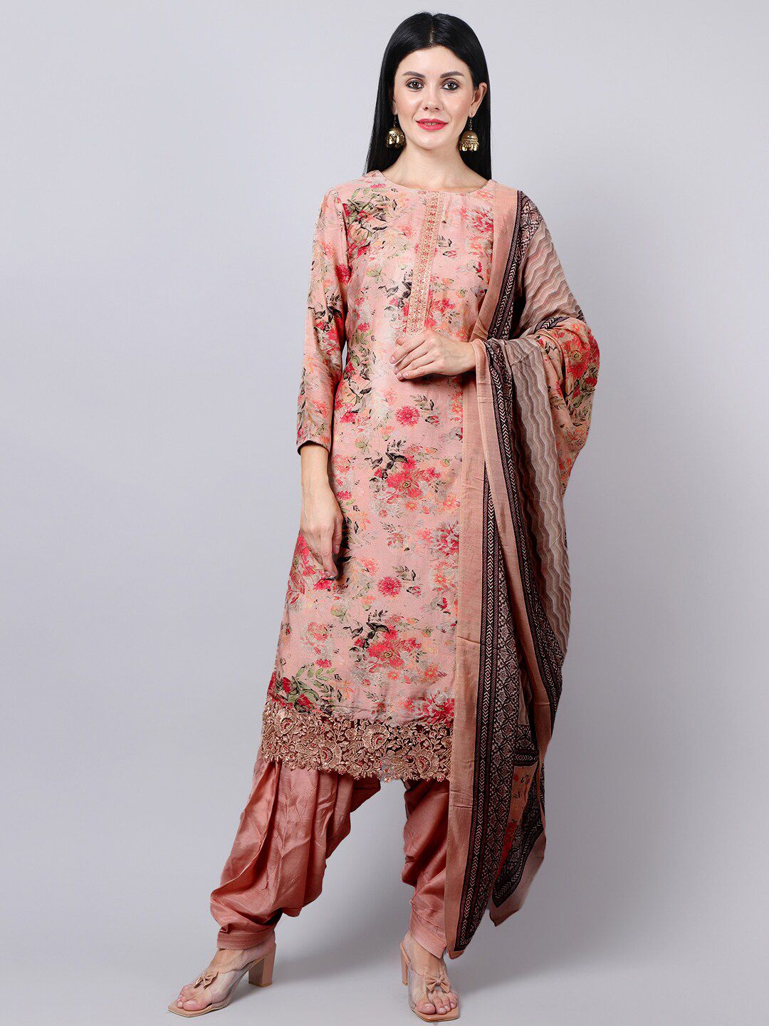 Stylee LIFESTYLE Peach-Coloured & Pink Embroidered Pure Silk Unstitched Dress Material Price in India