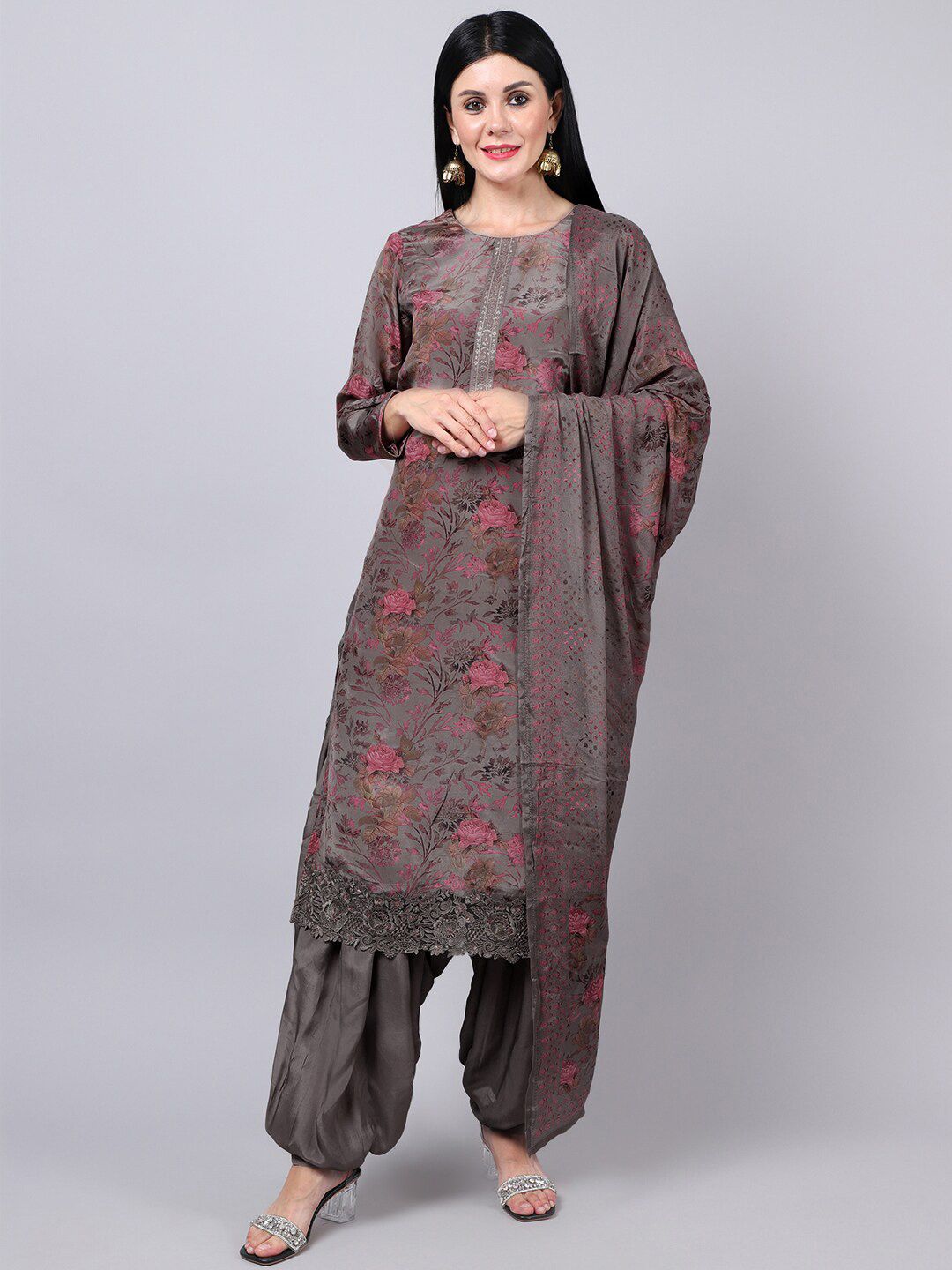 Stylee LIFESTYLE Grey & Pink Embroidered Silk Crepe Unstitched Dress Material Price in India