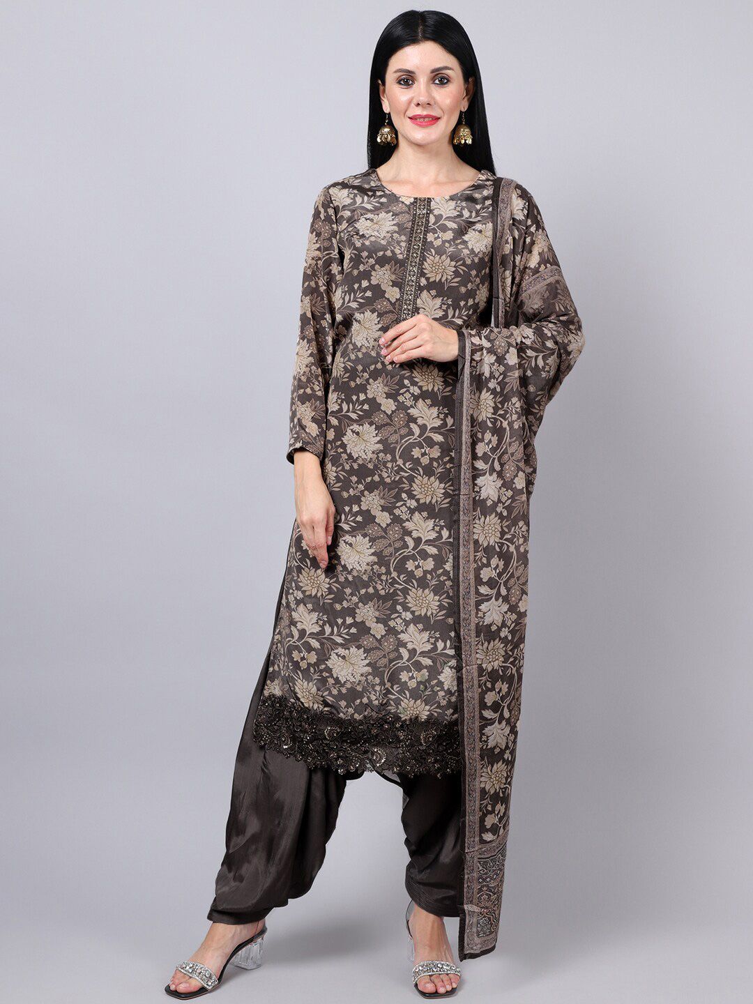 Stylee LIFESTYLE Grey Embroidered Silk Crepe Unstitched Dress Material Price in India