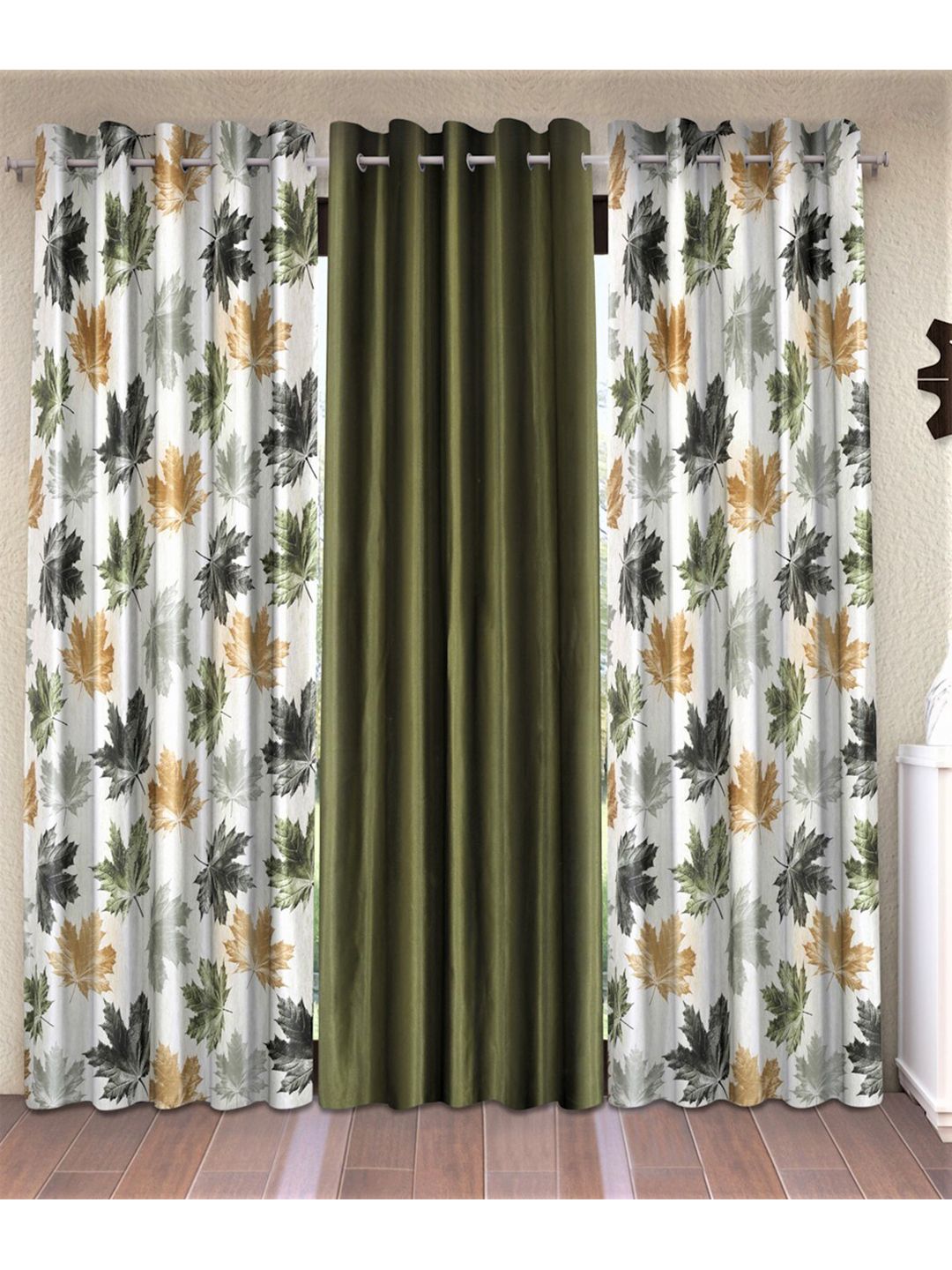 Home Sizzler Olive Green & White Set of 3 Floral Long Door Curtain Price in India