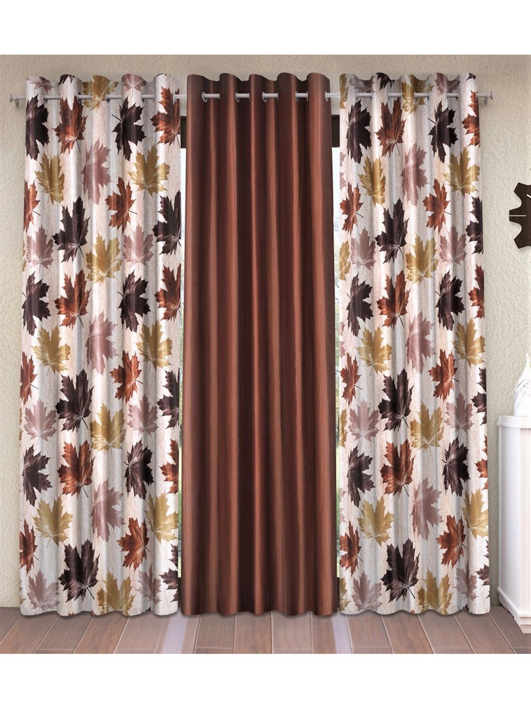 Home Sizzler Brown & White Pack of 3 Floral Door Curtain Price in India