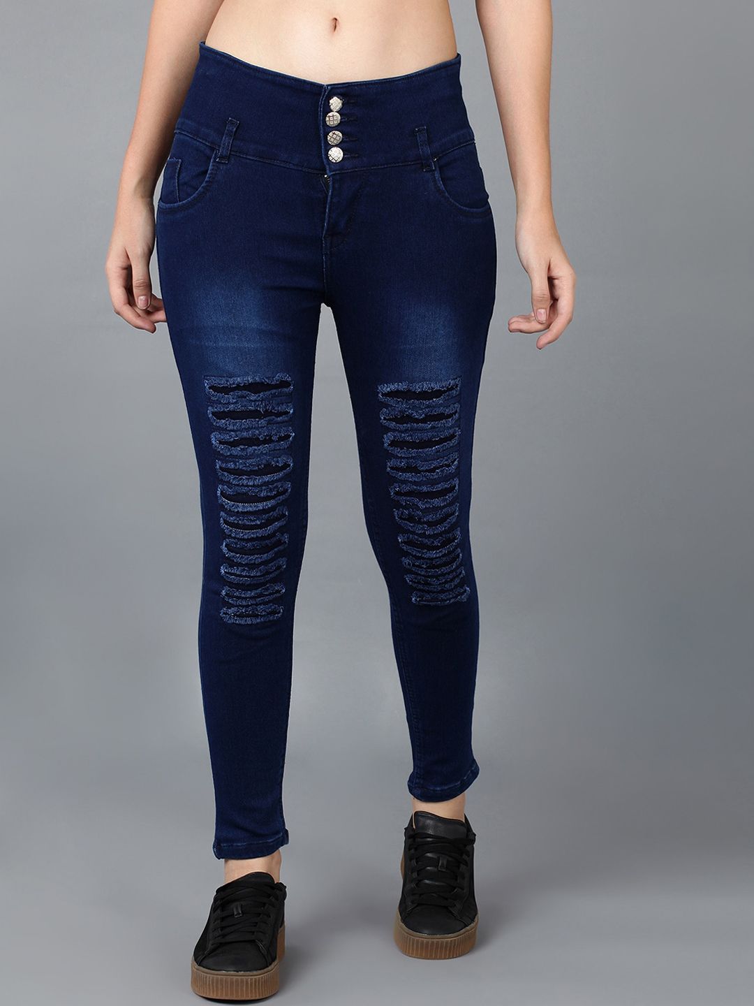 F2M Women Blue Slim Fit High-Rise Mildly Distressed Light Fade Stretchable Jeans Price in India