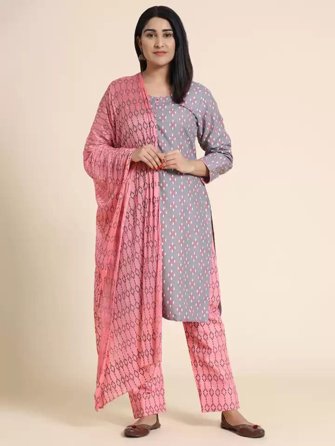 KALINI Women Grey & Pink Printed Unstitched Dress Material Price in India