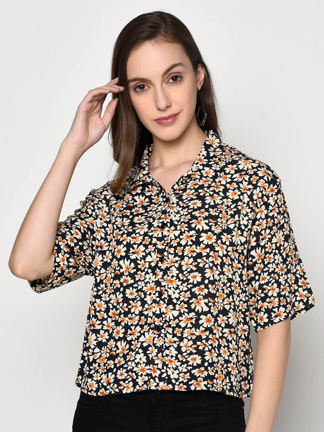 Miss Grace Navy Blue Floral Print Shirt Style Top Price in India