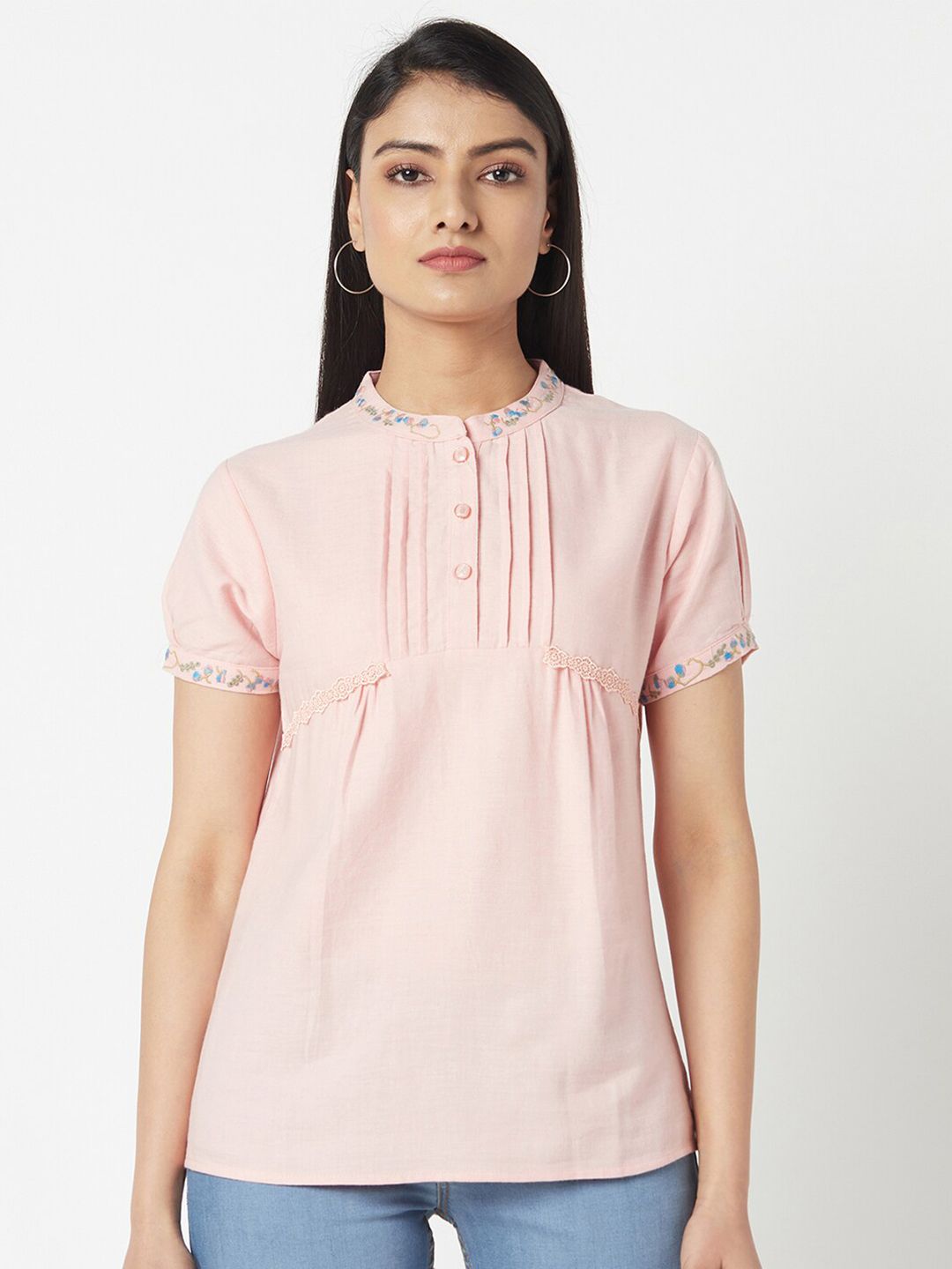 Miss Grace Pink Mandarin Collar Top Price in India