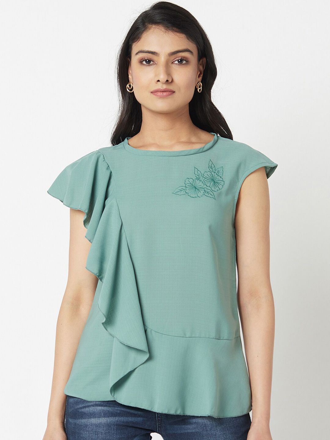 Miss Grace Women Green Ruffles Embroidered  Top Price in India