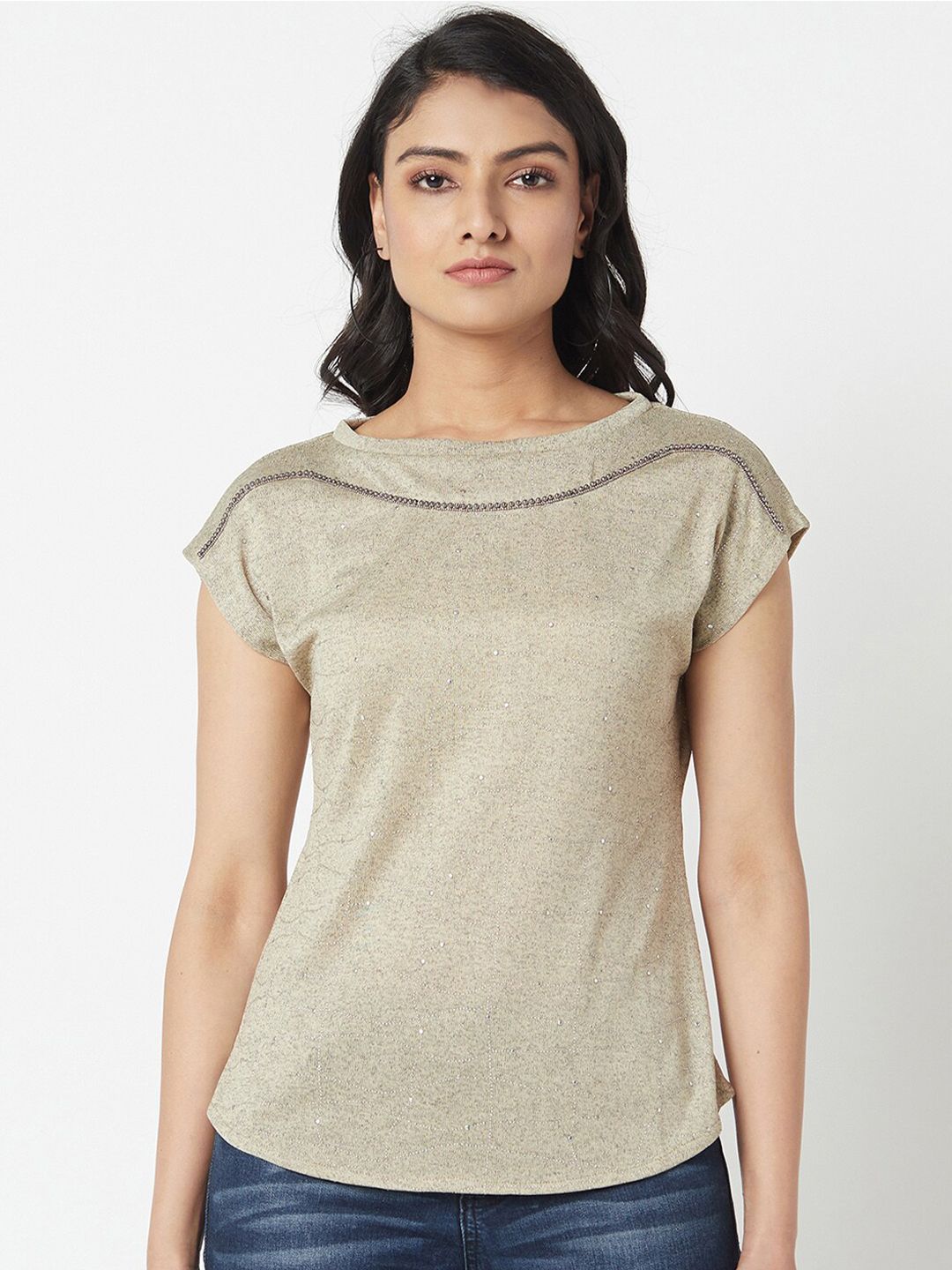 Miss Grace Women Beige Extended Sleeves Studded Top Price in India