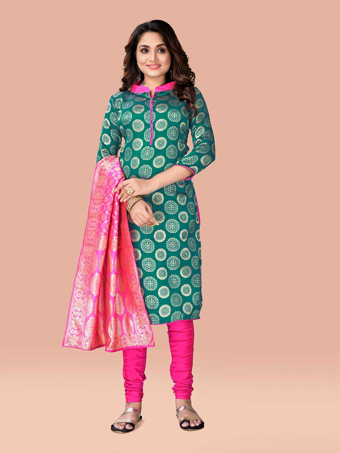 Fashion FRICKS Green & Pink Printed Unstitched Dress Material Price in India