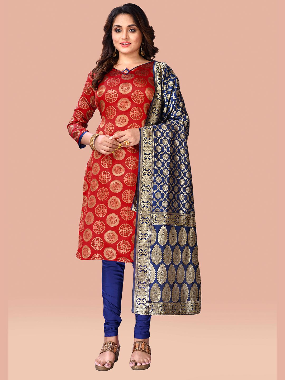 Fashion FRICKS Red & Navy Blue Unstitched Dress Material Price in India