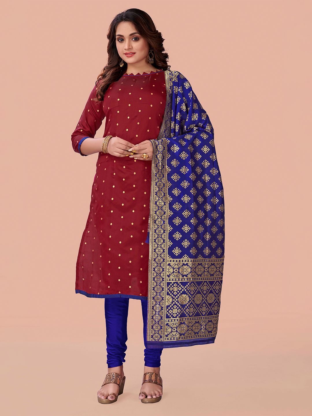 Fashion FRICKS Women Maroon & Blue Printed Unstitched Dress Material Price in India