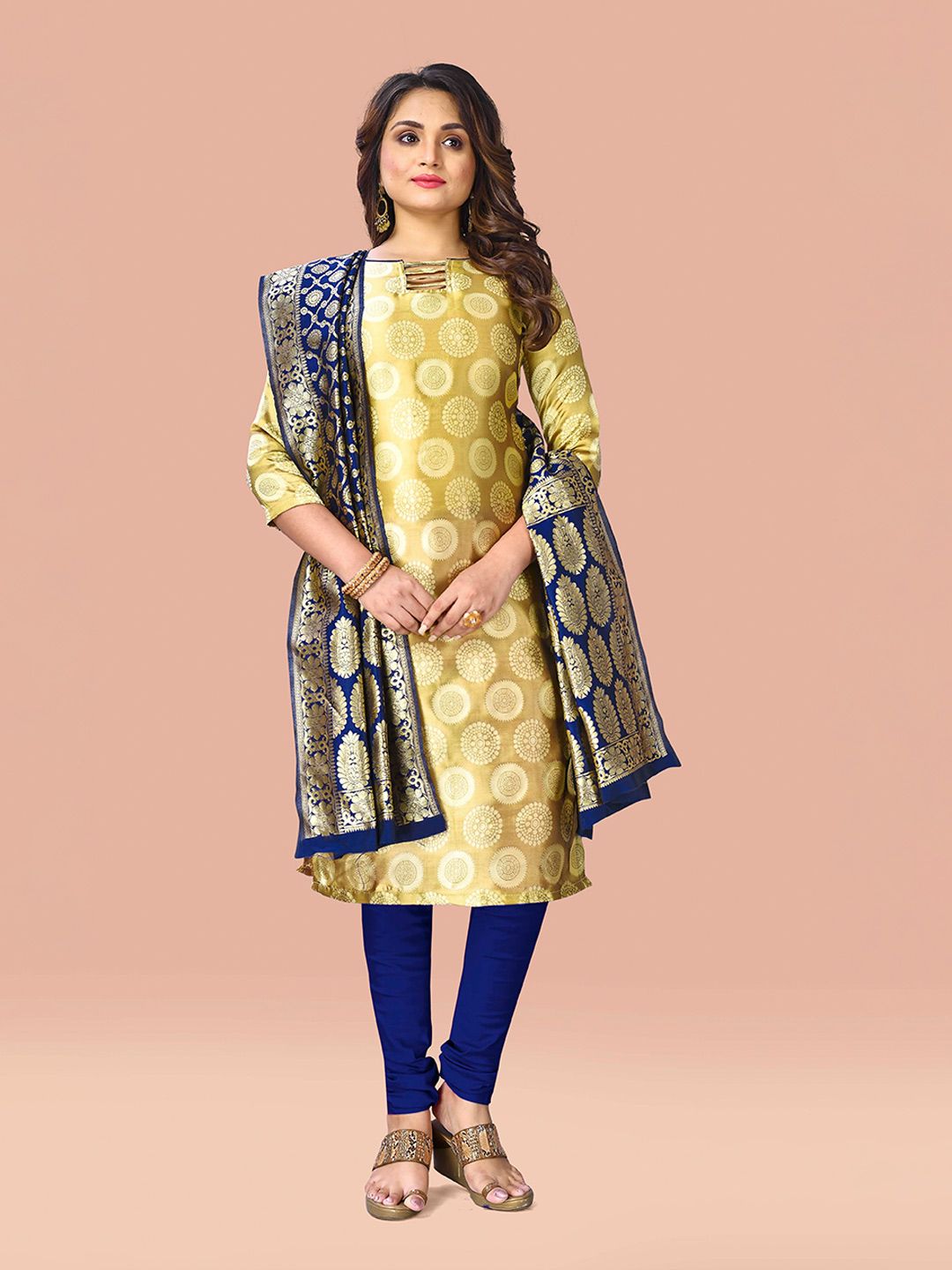 Fashion FRICKS Gold-Toned & Navy Blue Unstitched Dress Material Price in India