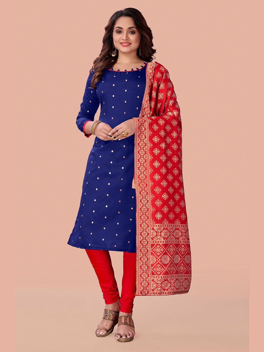 Fashion FRICKS Blue & Red Printed Unstitched Dress Material Price in India