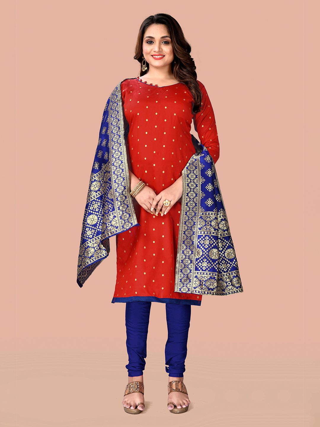 Fashion FRICKS Red & Navy Blue Woven Design Unstitched Dress Material Price in India