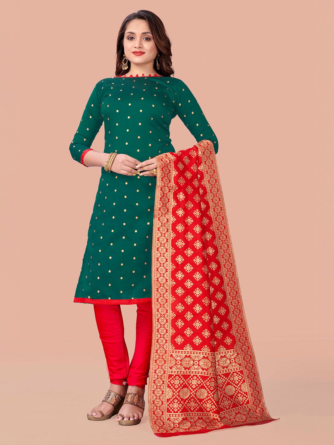 Fashion FRICKS Green & Orange Unstitched Dress Material Price in India