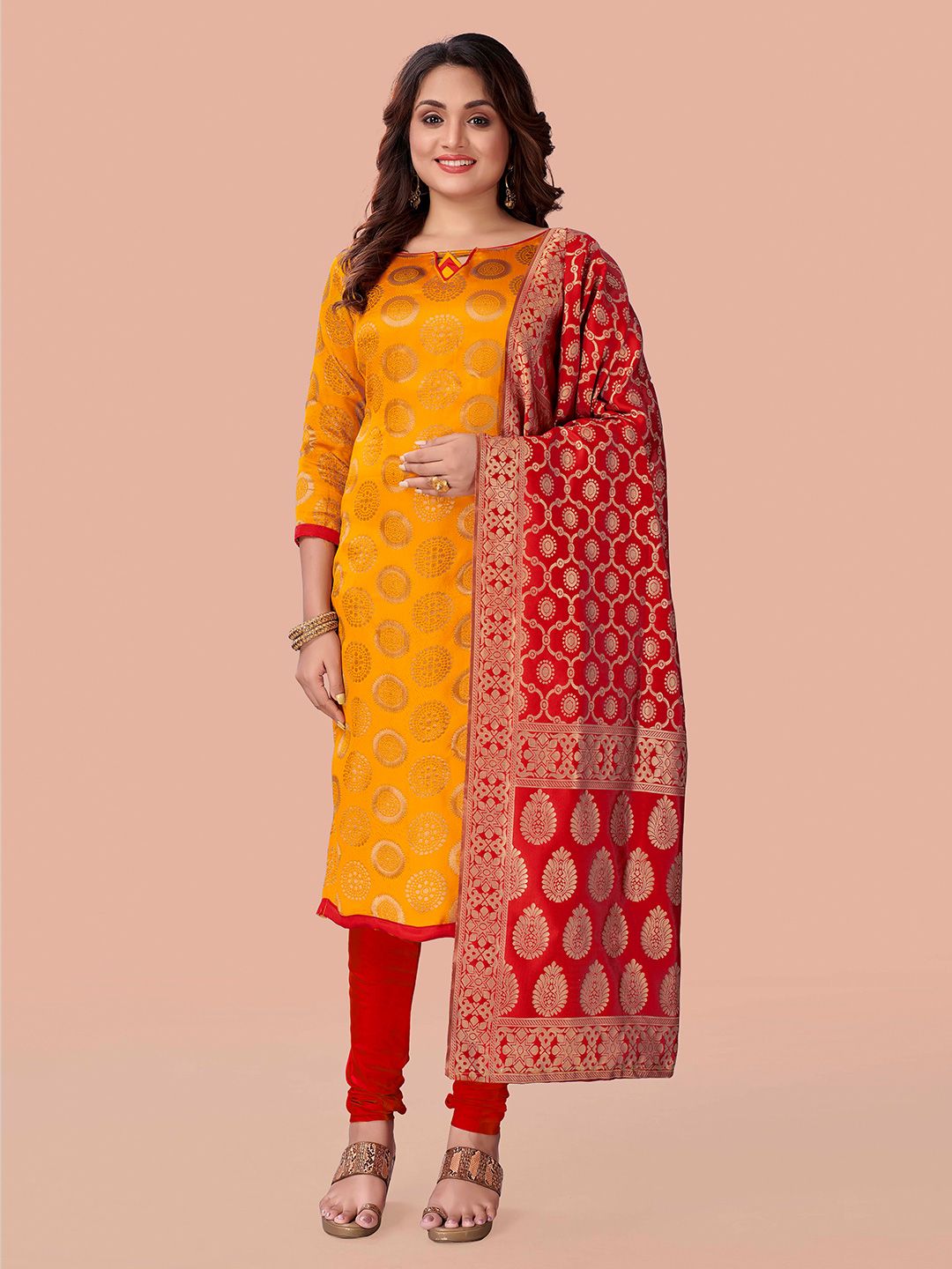 Fashion FRICKS Yellow & Maroon Unstitched Dress Material Price in India