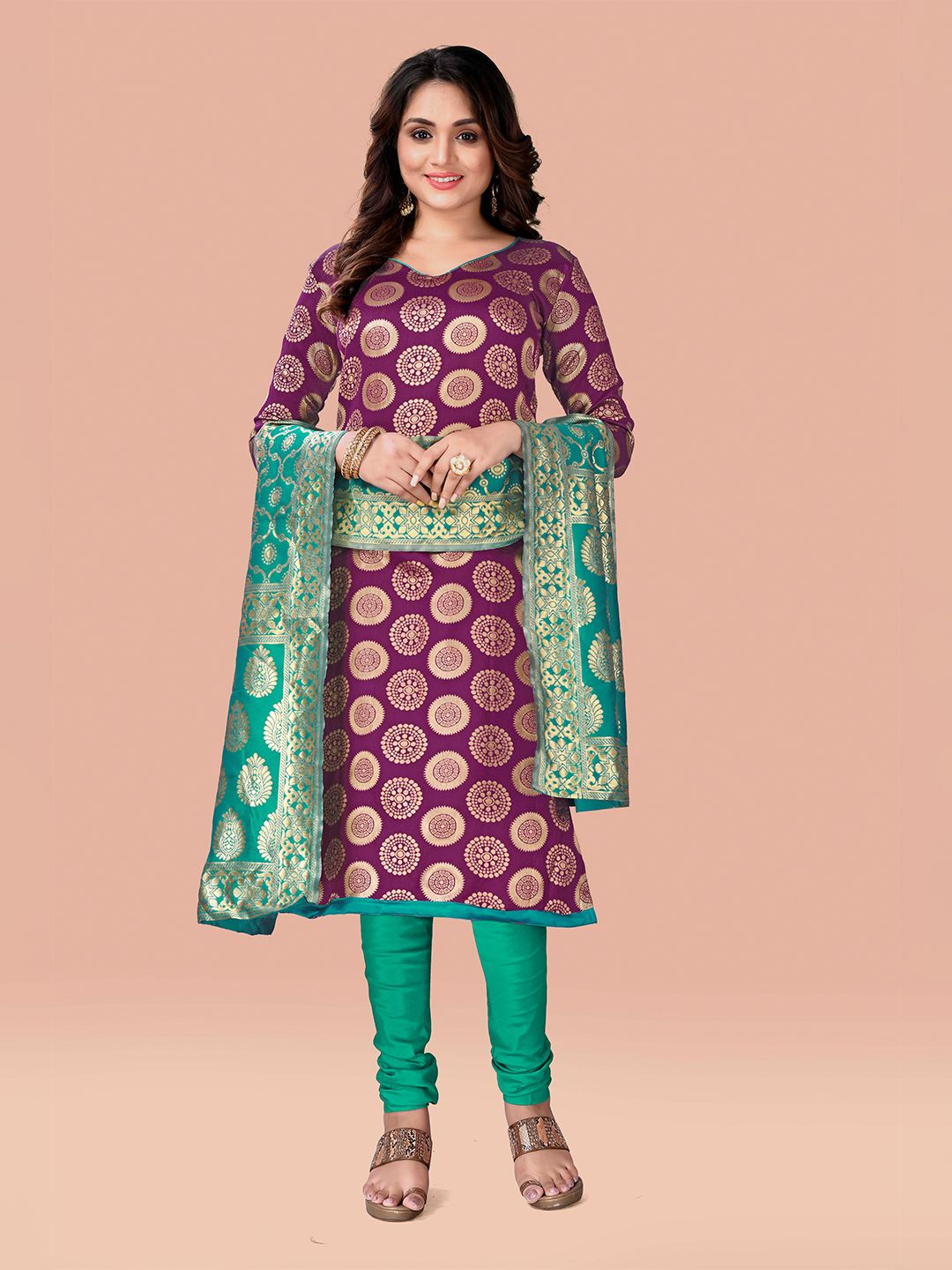 Fashion FRICKS Purple & Green Unstitched Dress Material Price in India