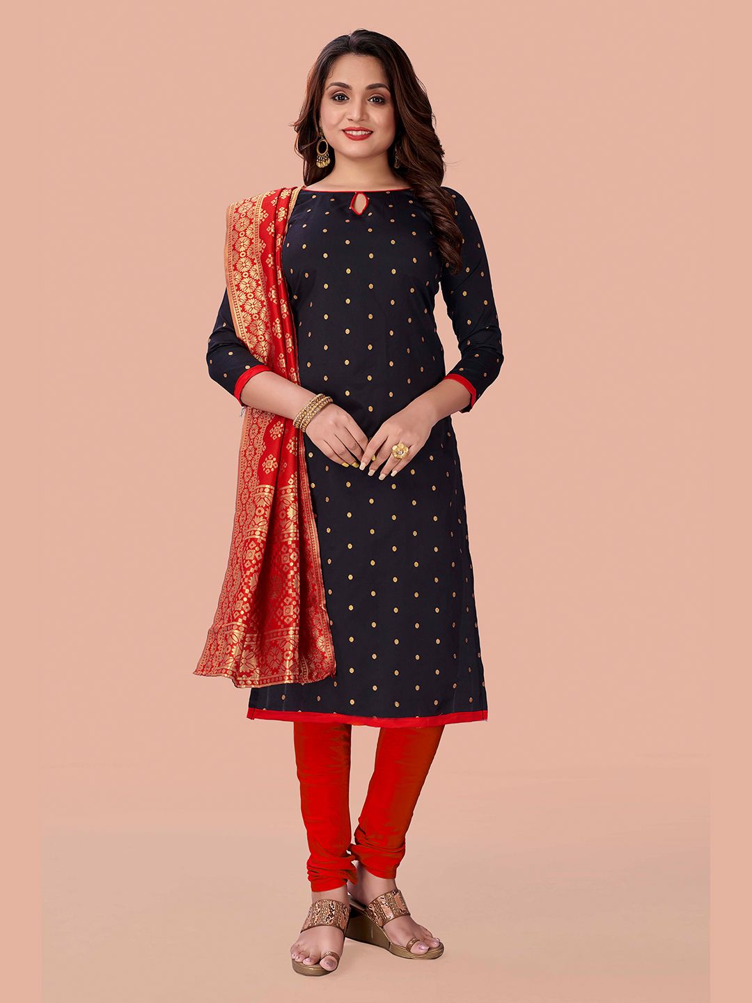 Fashion FRICKS Women Black & Orange Unstitched Dress Material Price in India