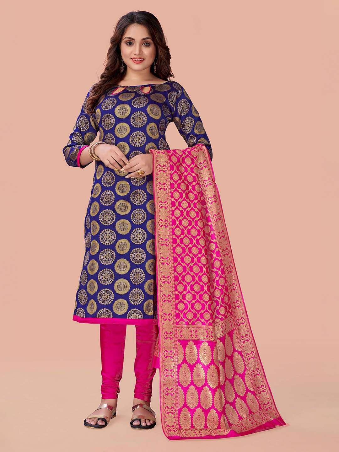 Fashion FRICKS Navy Blue & Pink Printed Unstitched Dress Material Price in India