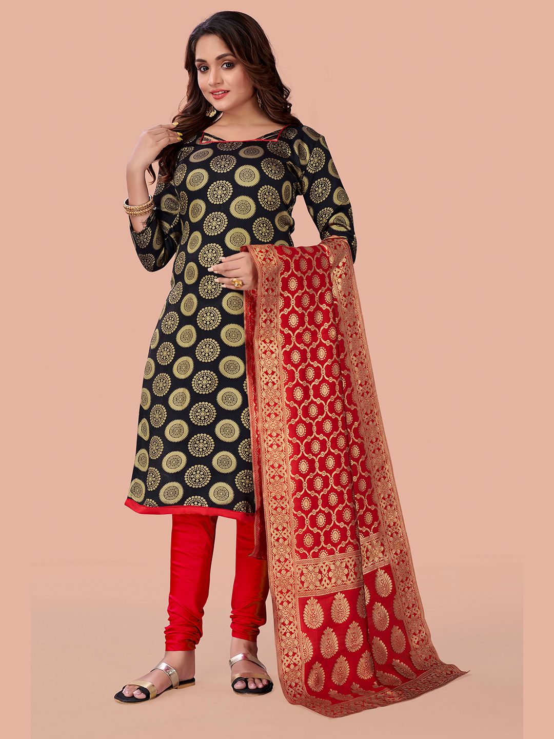 Fashion FRICKS Blue & Red Unstitched Dress Material Price in India