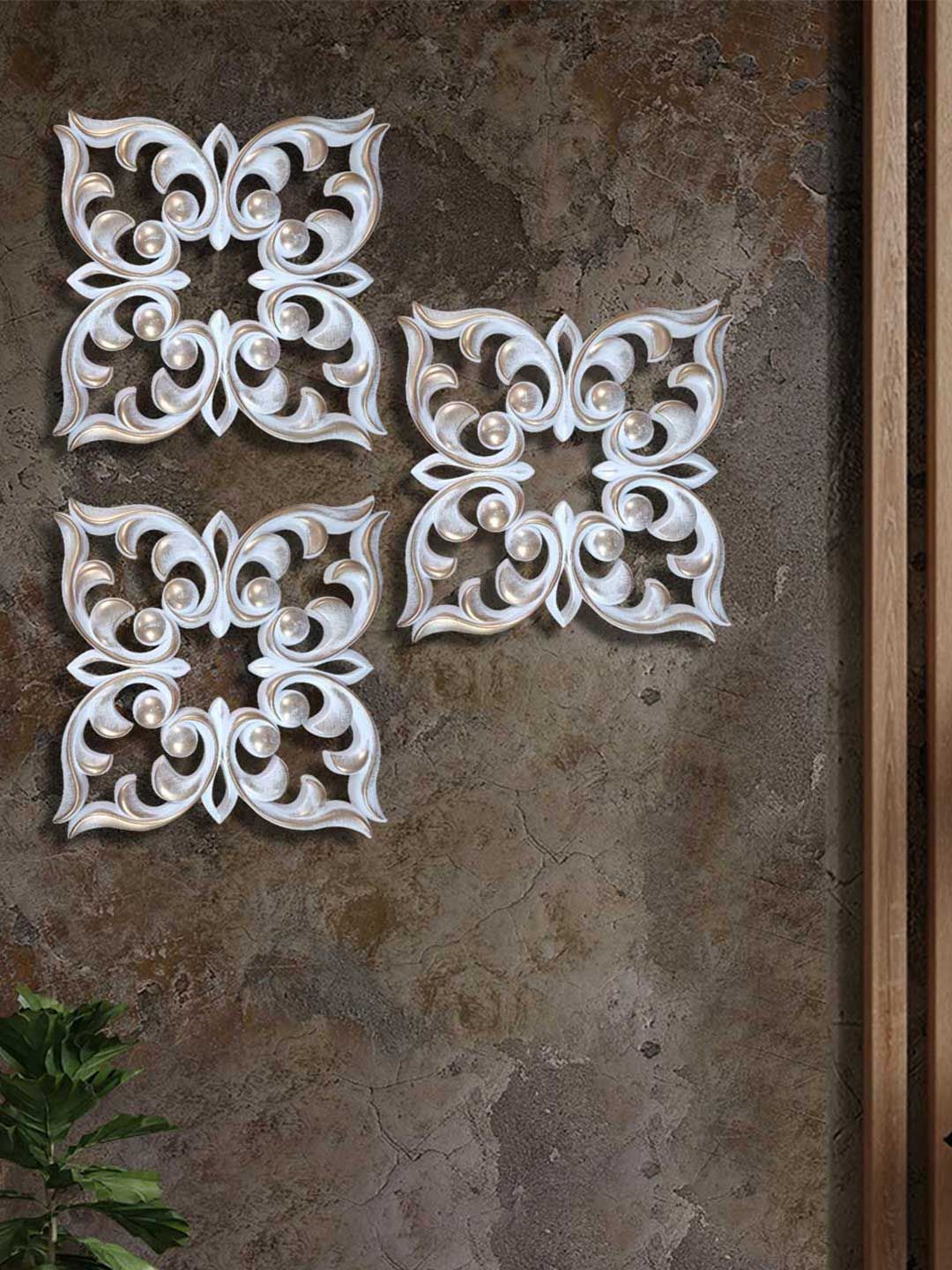 Art Street Pack of 3 White-Golden Plastic Square Wall Decor Plates Price in India