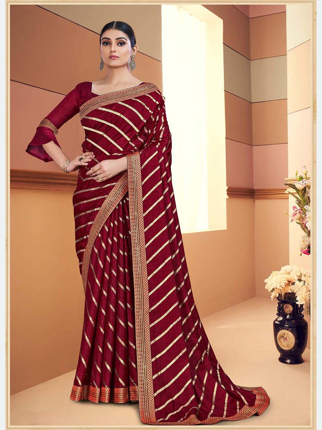 TEREZA Maroon & Gold-Toned Leheriya Silk Blend Leheriya Saree Price in India