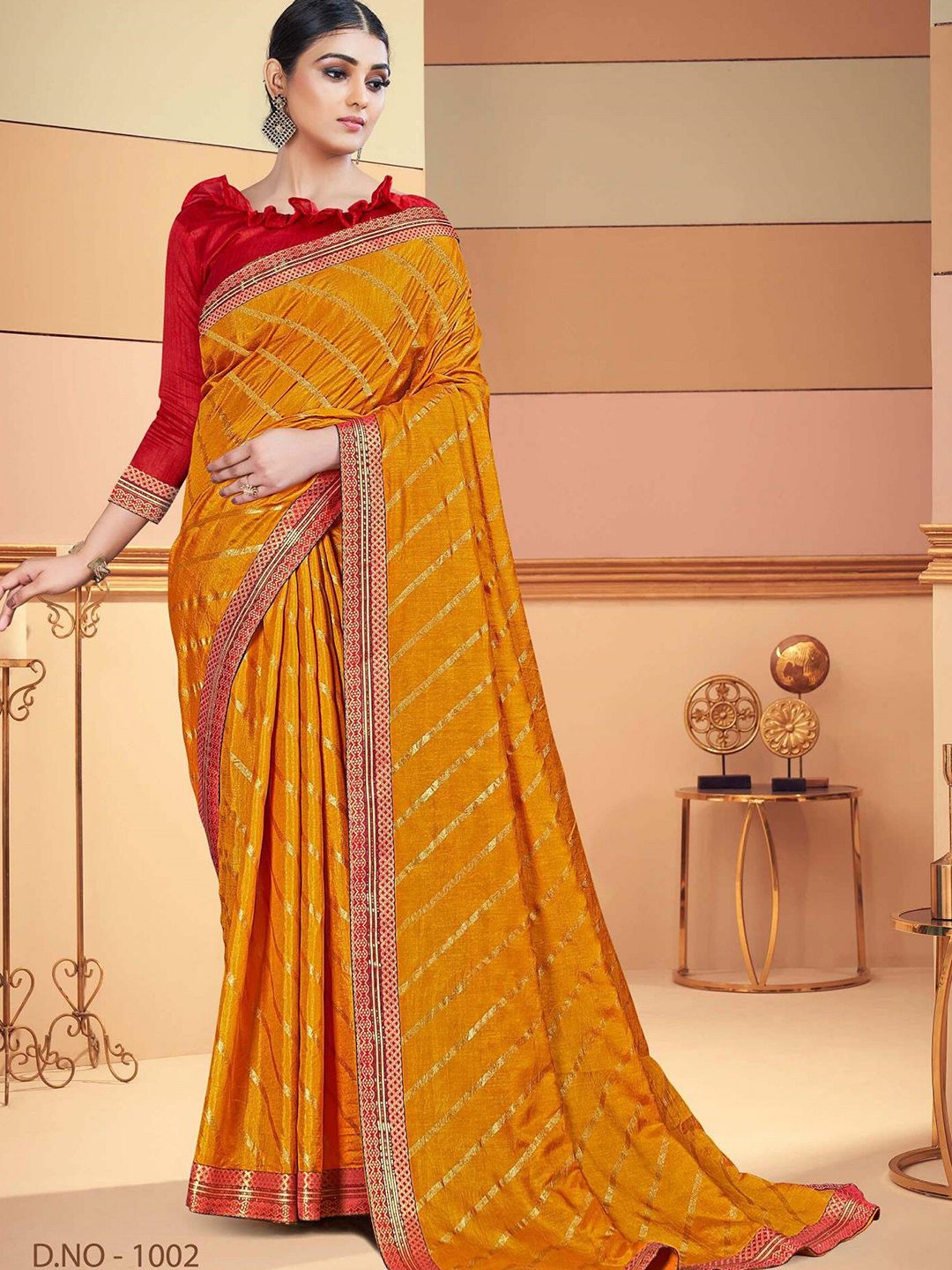 TEREZA Mustard Yellow & Red Leheriya Silk Blend Leheriya Saree Price in India