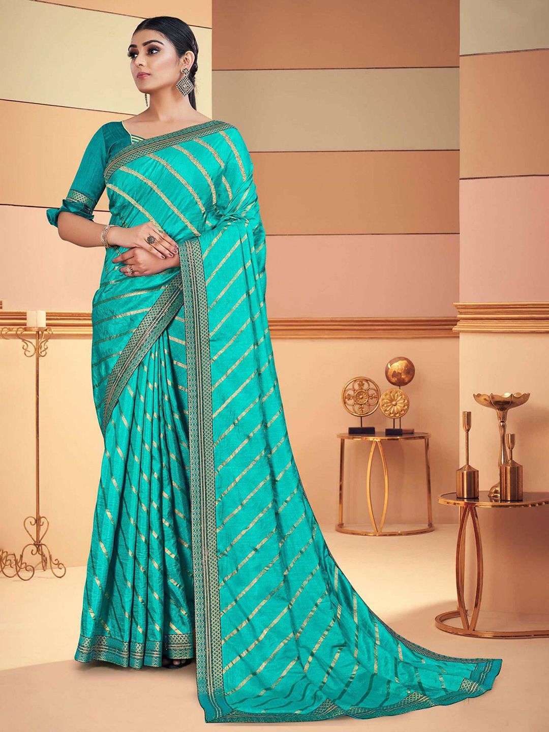 TEREZA Turquoise Blue & Gold-Toned Leheriya Silk Blend Leheriya Saree Price in India