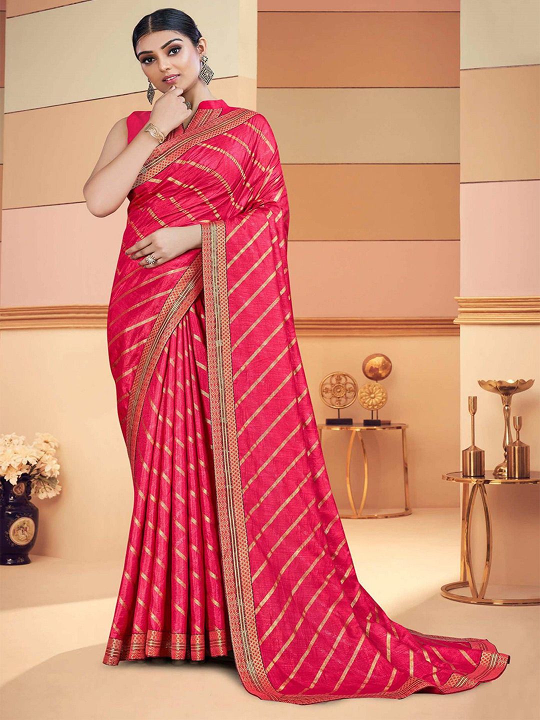 TEREZA Pink & Gold-Toned Leheriya Silk Blend Leheriya Saree Price in India