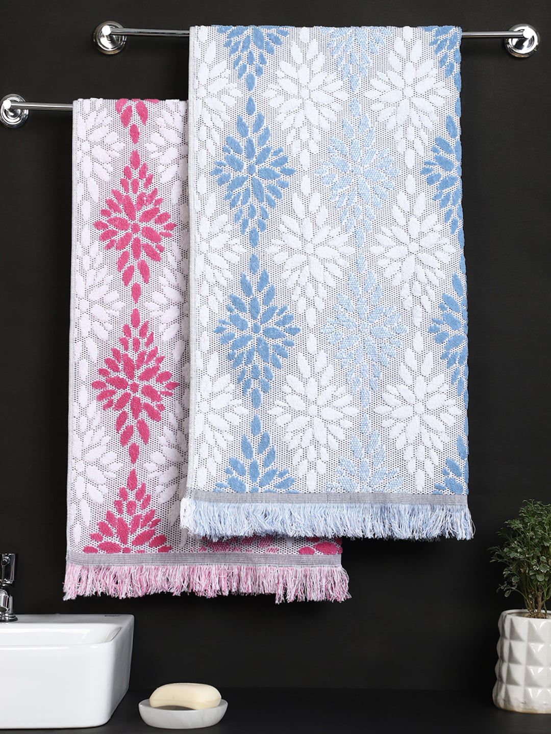 Raymond Home Set of 2 Pink & blue Self Design 615 GSM Cotton Bath Towel set Price in India