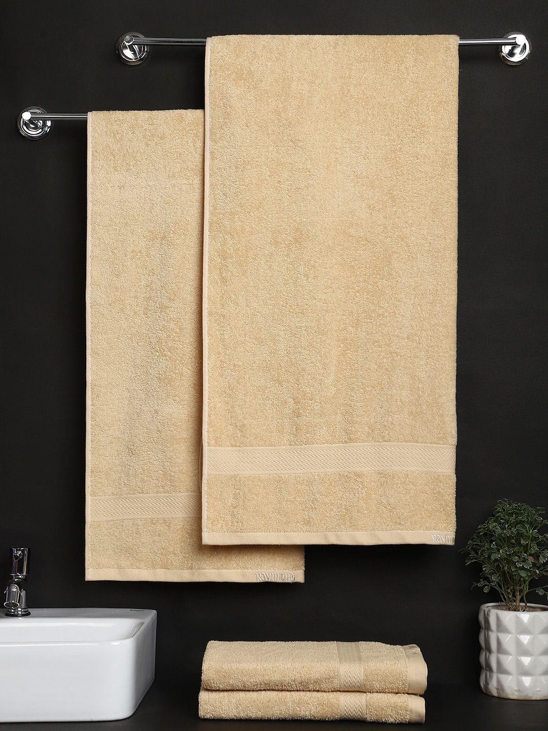 Raymond Home Pack Of 4 Beige Solid Cotton Towel Set Price in India