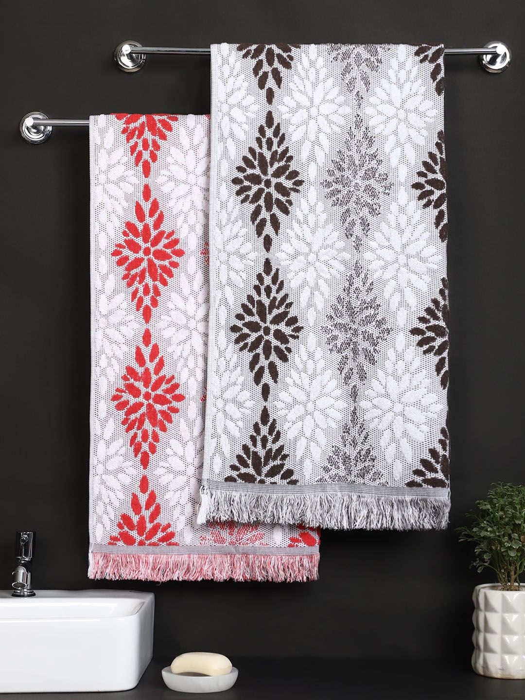Raymond Home Set Of 2 Red & Grey 615 GSM Cotton Bath Towel Set Price in India
