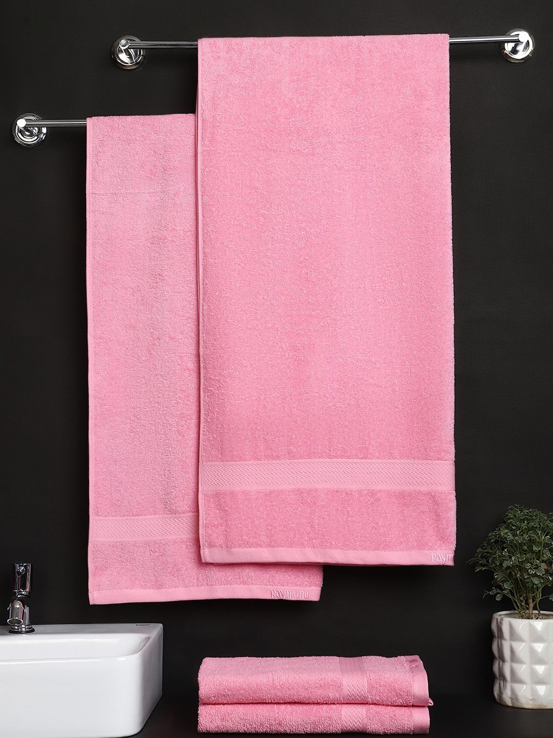 Raymond Home Pack Of 4 Pink Solid 380 GSM 100 % Cotton Towel Set Price in India
