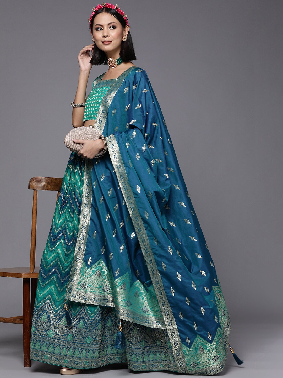 Mitera Sea Green & Blue Semi-Stitched Lehenga & Unstitched Blouse With Dupatta Price in India
