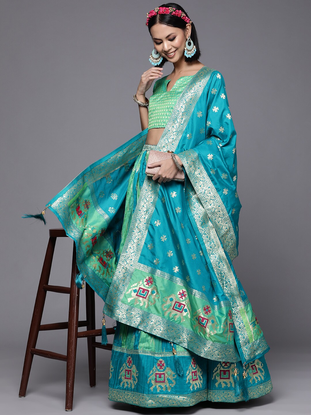 Mitera Green & Blue Semi-Stitched Lehenga & Unstitched Blouse With Dupatta Price in India