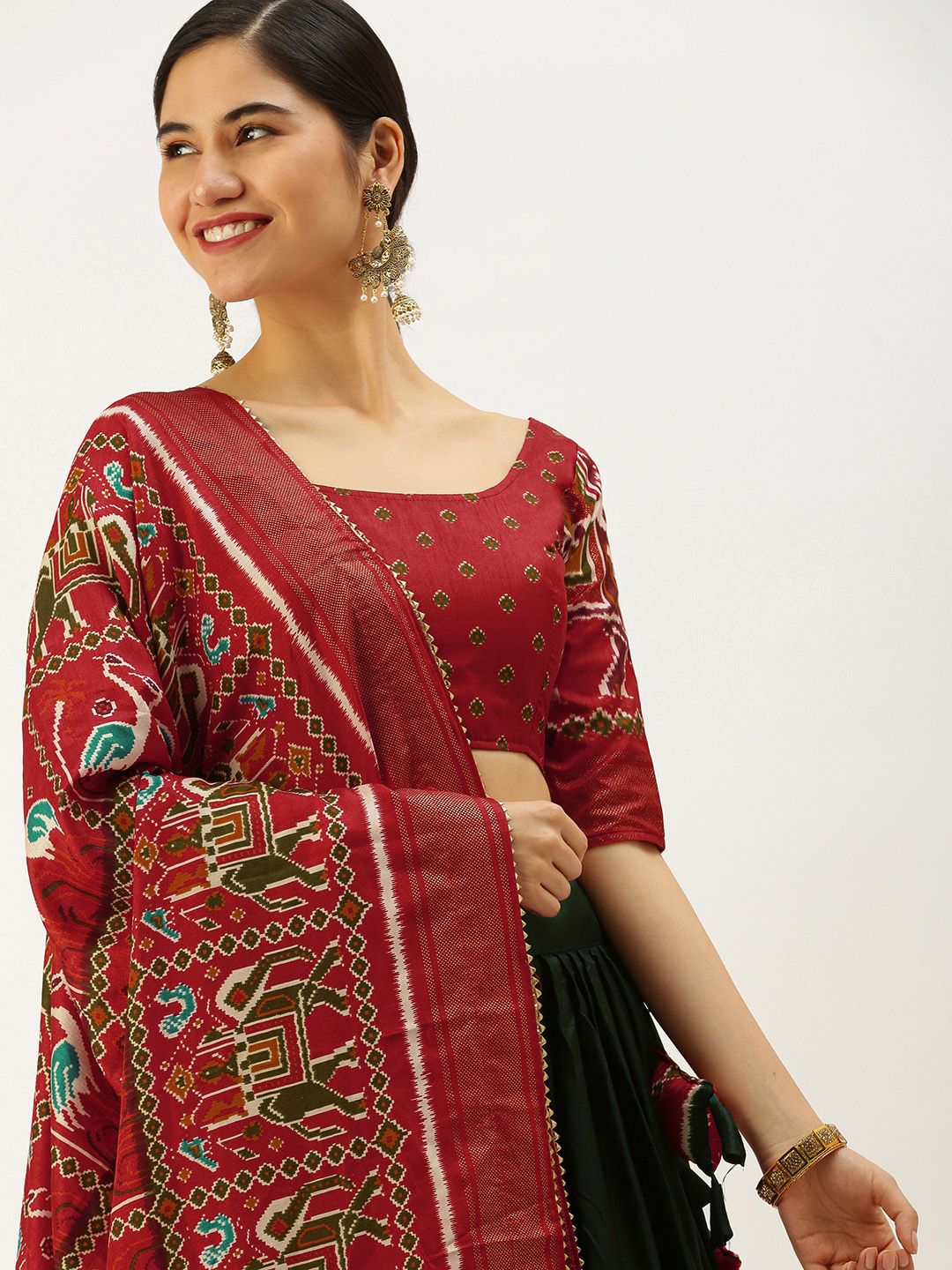 LOOKNBOOK ART Green & Red Printed Semi-Stitched Lehenga & Unstitched Blouse With Dupatta Price in India