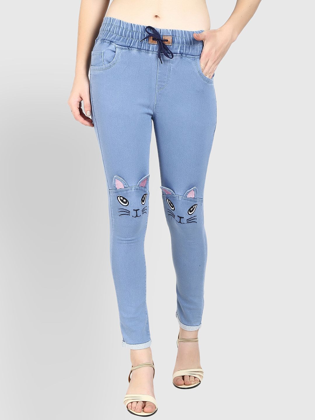 F2M Women Blue Boyfriend Fit Low Distress Embroidered Stretchable Jeans Price in India