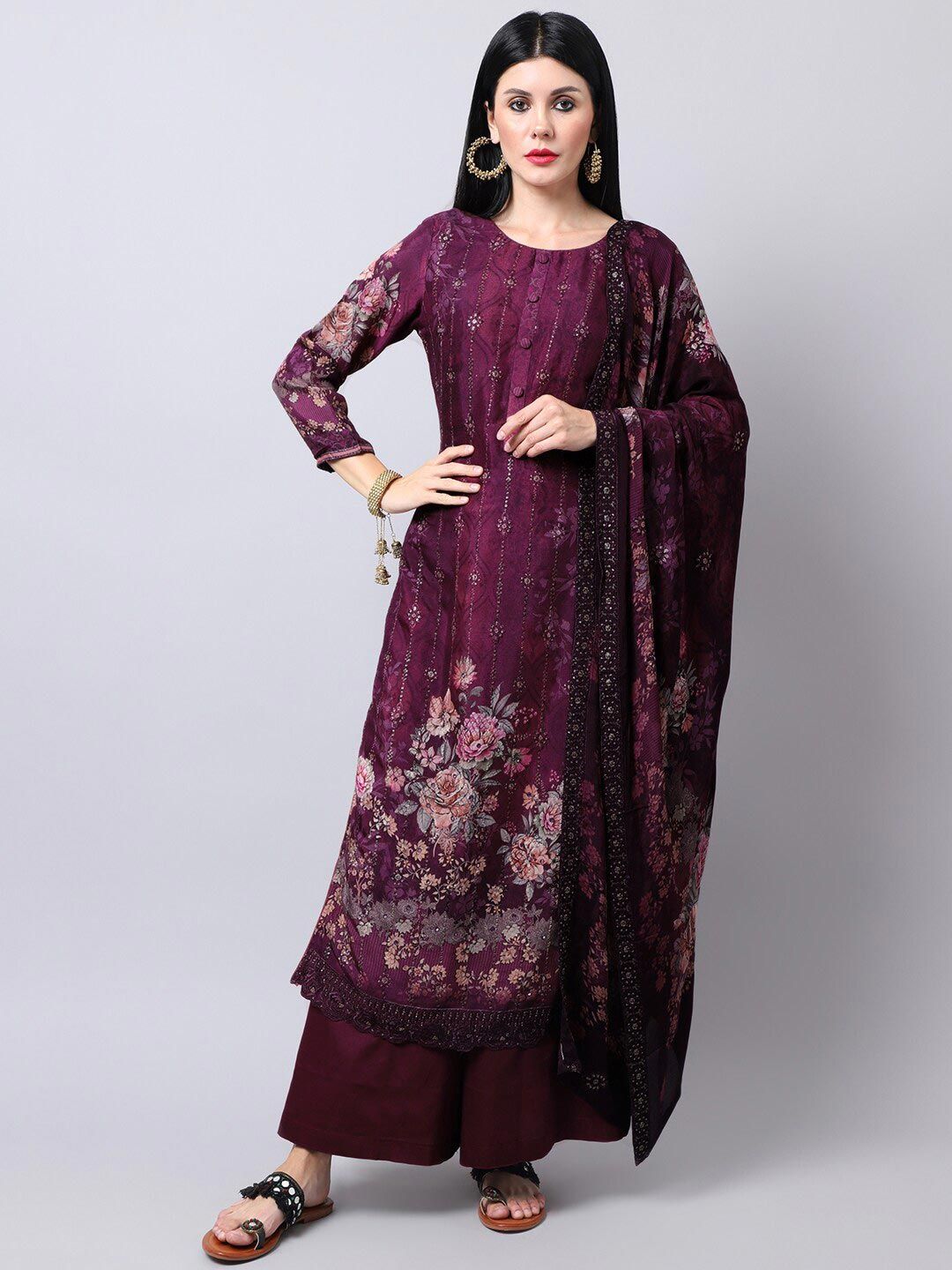 Stylee LIFESTYLE Purple Embroidered Pure Silk Unstitched Dress Material Price in India