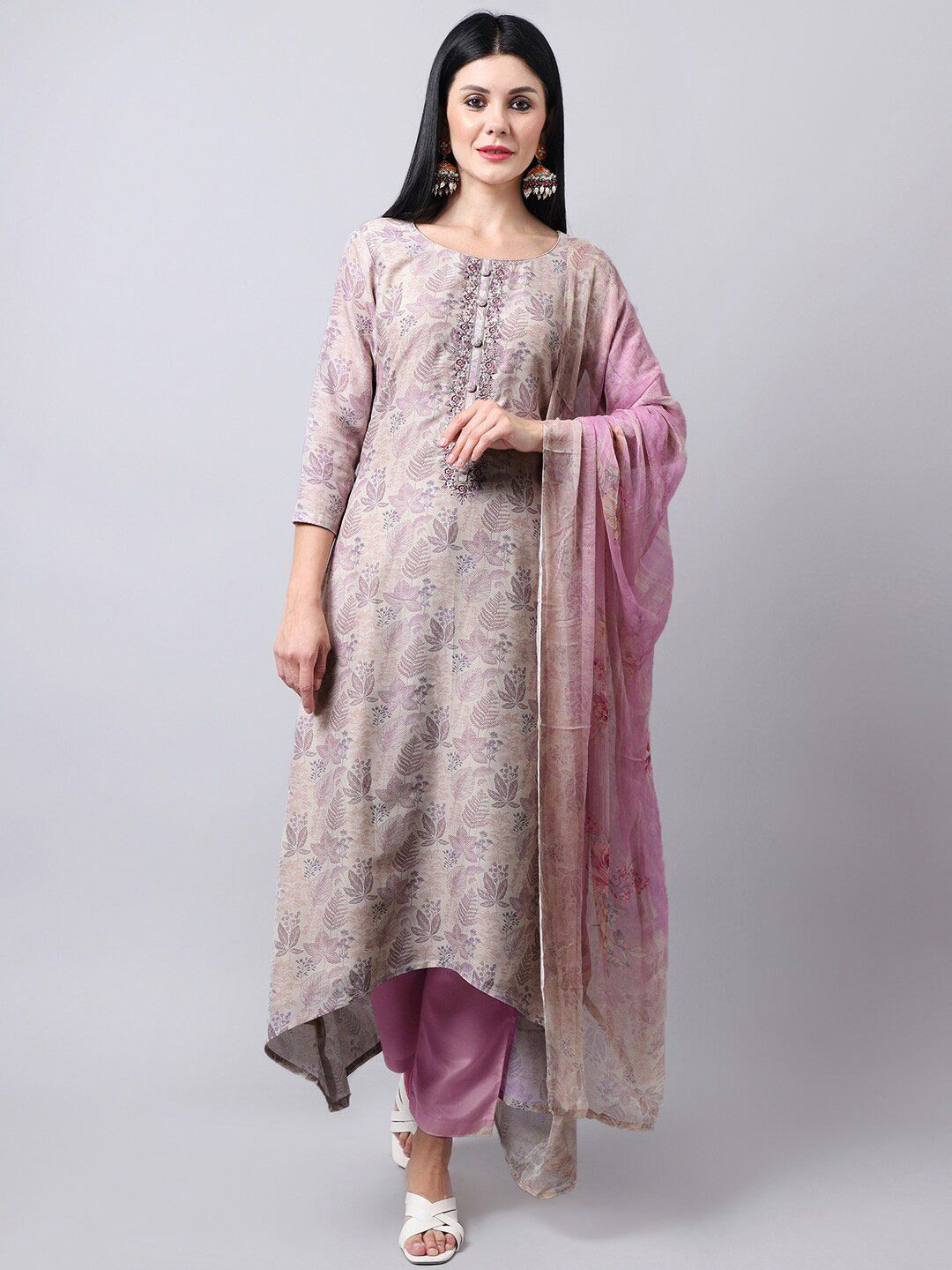 Stylee LIFESTYLE Cream-Coloured & Purple Printed Pure Silk Unstitched Dress Material Price in India