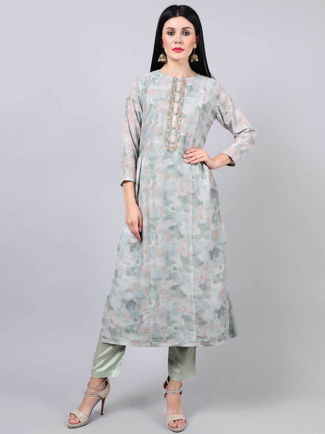 Stylee LIFESTYLE Green & Orange Printed Pure Silk Unstitched Dress Material Price in India