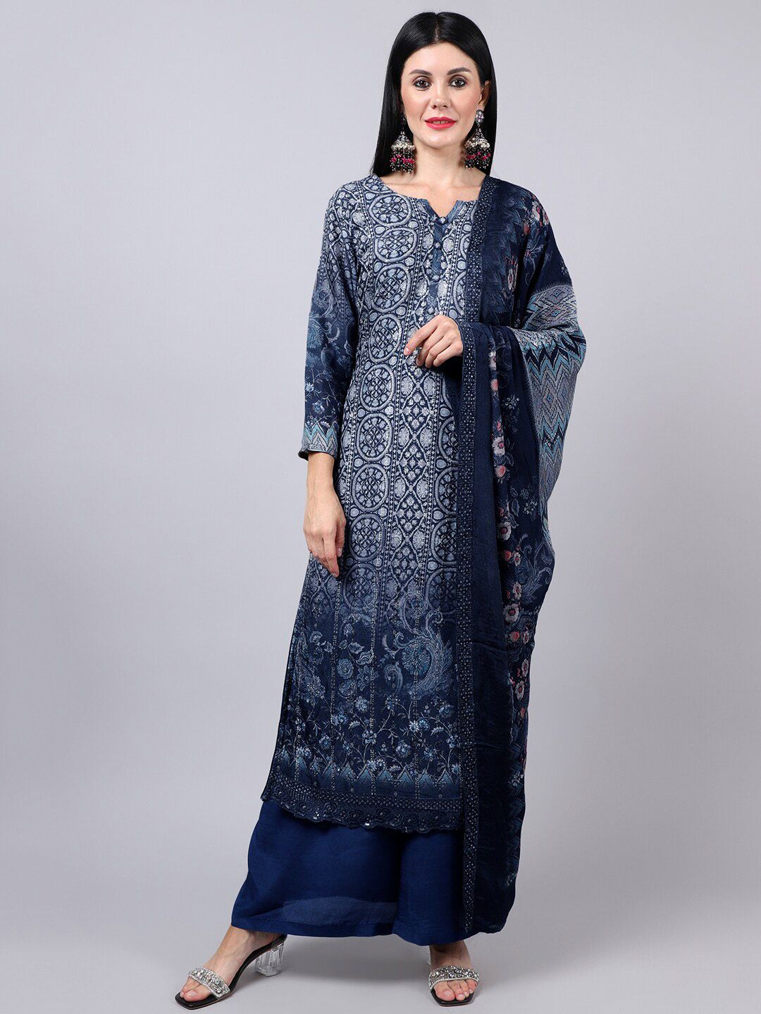 Stylee LIFESTYLE Women Navy Blue & White Embroidered Pure Silk Unstitched Dress Material Price in India