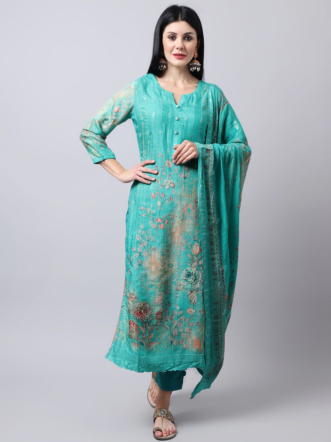 Stylee LIFESTYLE Sea Green & Cream Embroidered Pure Silk Unstitched Dress Material Price in India