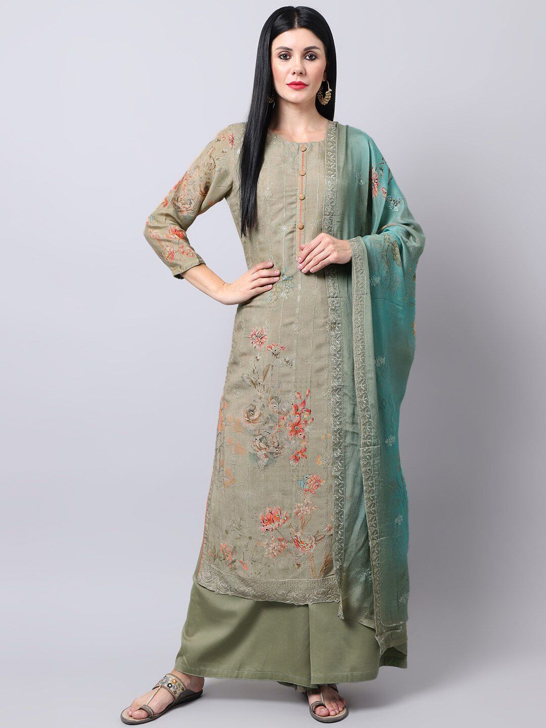 Stylee LIFESTYLE Green & Red Embroidered Pure Silk Unstitched Dress Material Price in India